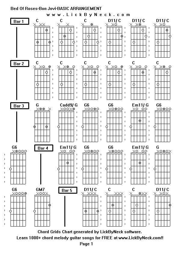 Chord Grids Chart of chord melody fingerstyle guitar song-Bed Of Roses-Bon Jovi-BASIC ARRANGEMENT,generated by LickByNeck software.